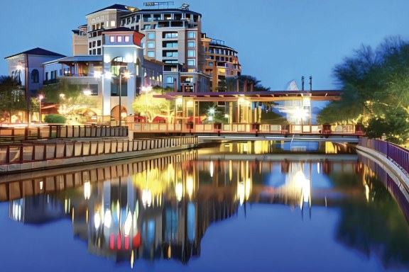 Scottsdale, Arizona waterfront district at dusk