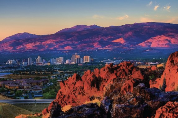 Reno, Nevada skyline with red rock foothills at sunrise